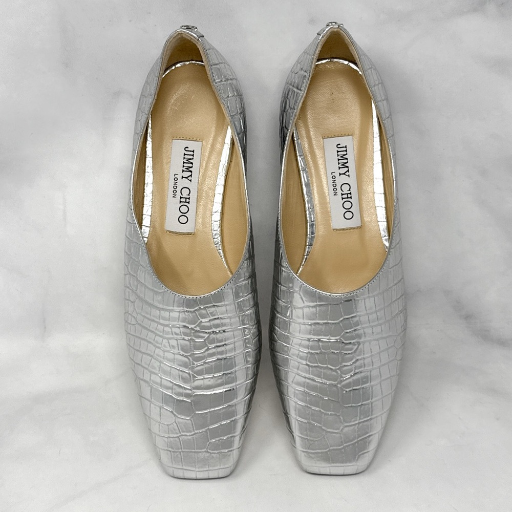 NEW Jimmy Choo Joselyn Croc Metallic Leather Square Toe Loafer Flat Shoes Silver